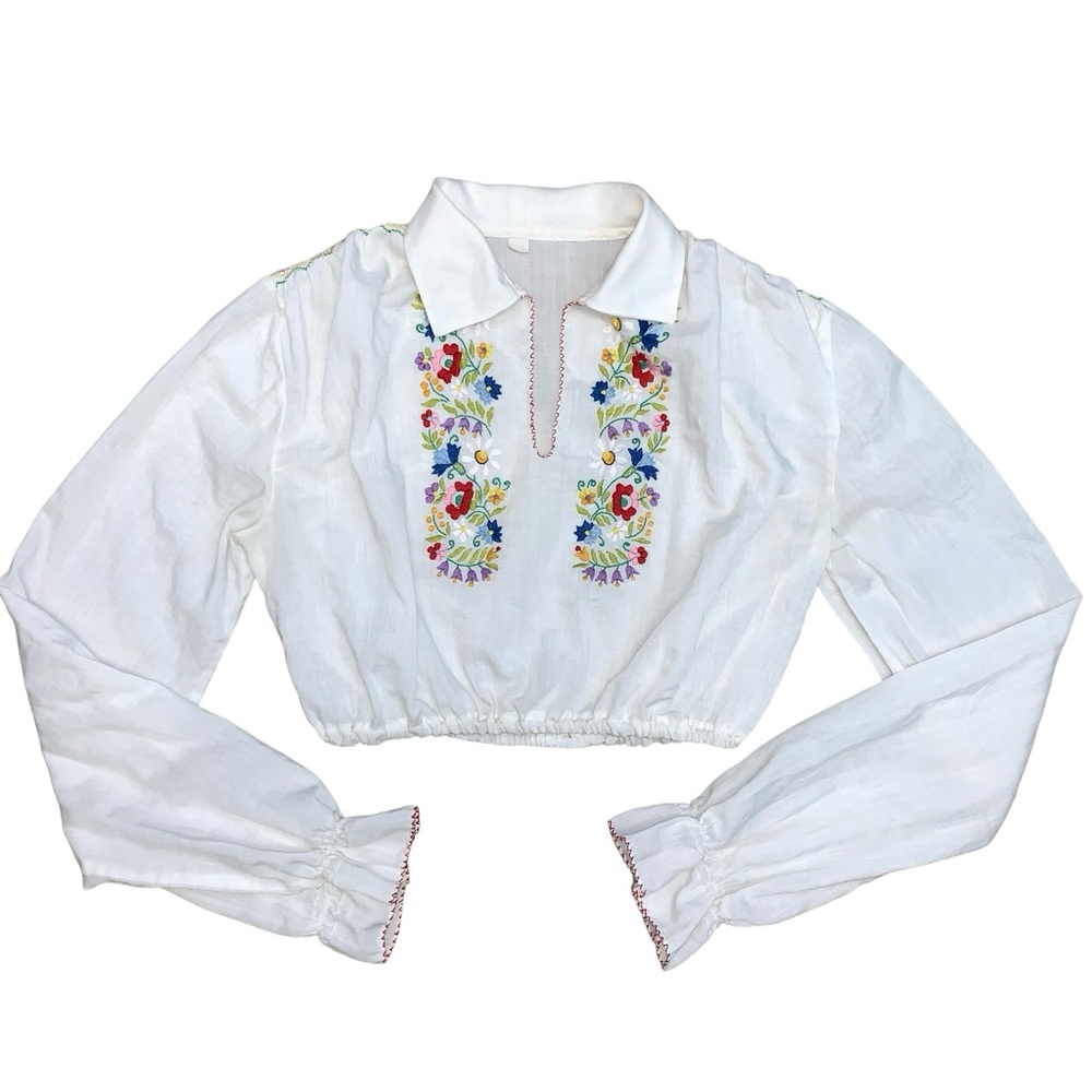 Peasant Floral Embroidered Crop Top Folk Festival Ren Fair Prairie Boho Light